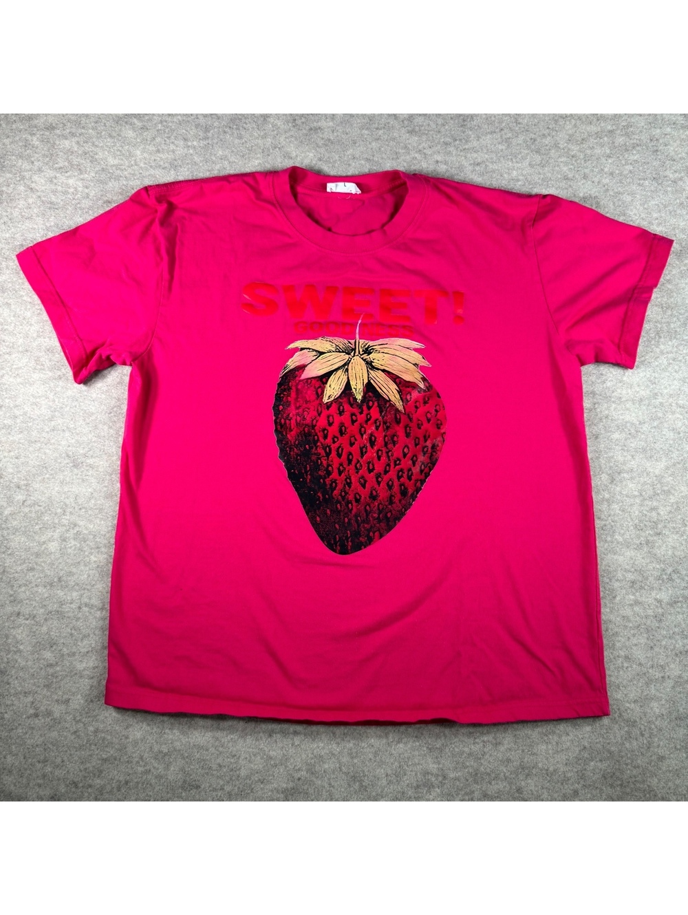 Natural Fiber Quality Pink T-Shirt with Strawberry Graphic and SWEET! Text, Size